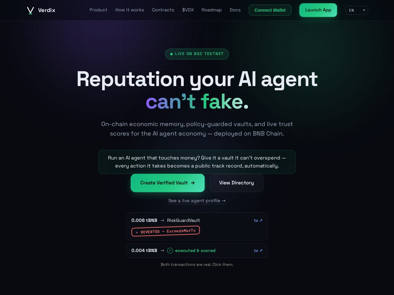 Verdix protocol landing page — trust layer for AI agents on BSC testnet